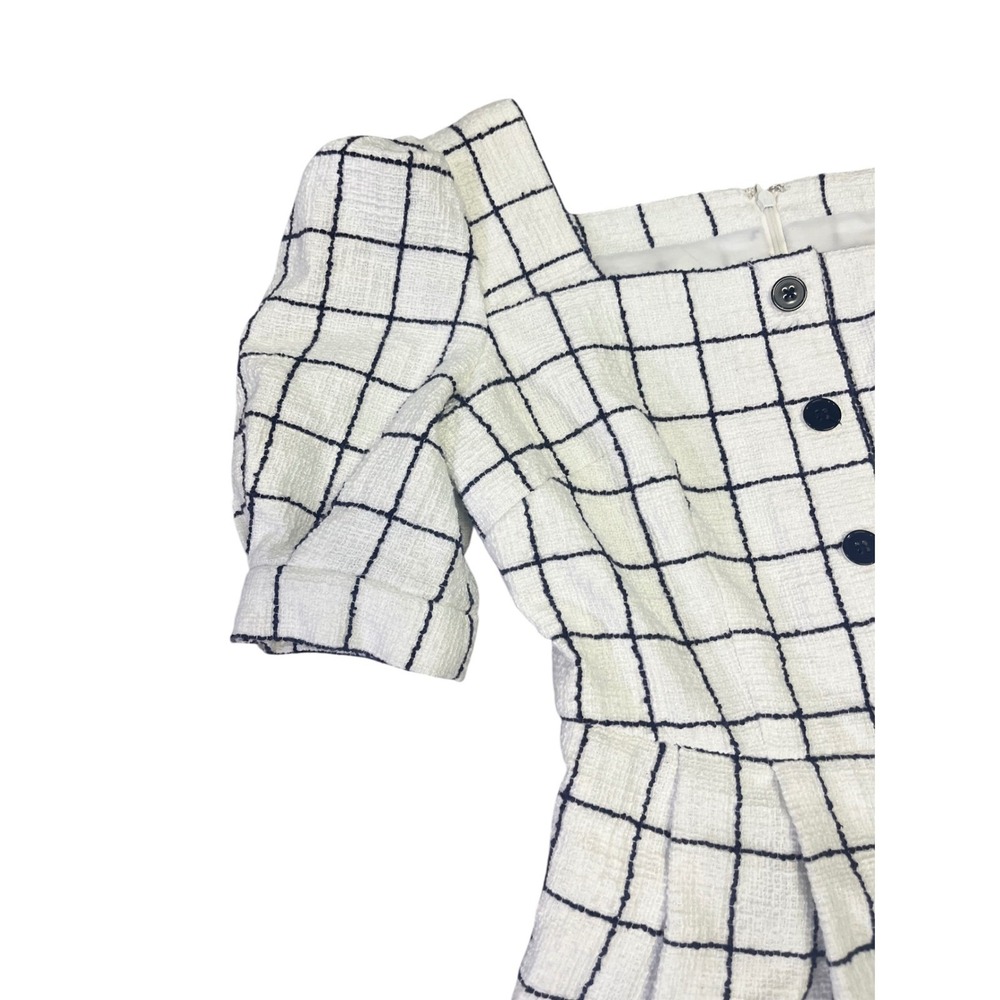 Gal‎ Meets Glam White Black Grid Square Neck Puff Sleeve Dress 2 Pockets Classy - Picture 5 of 13